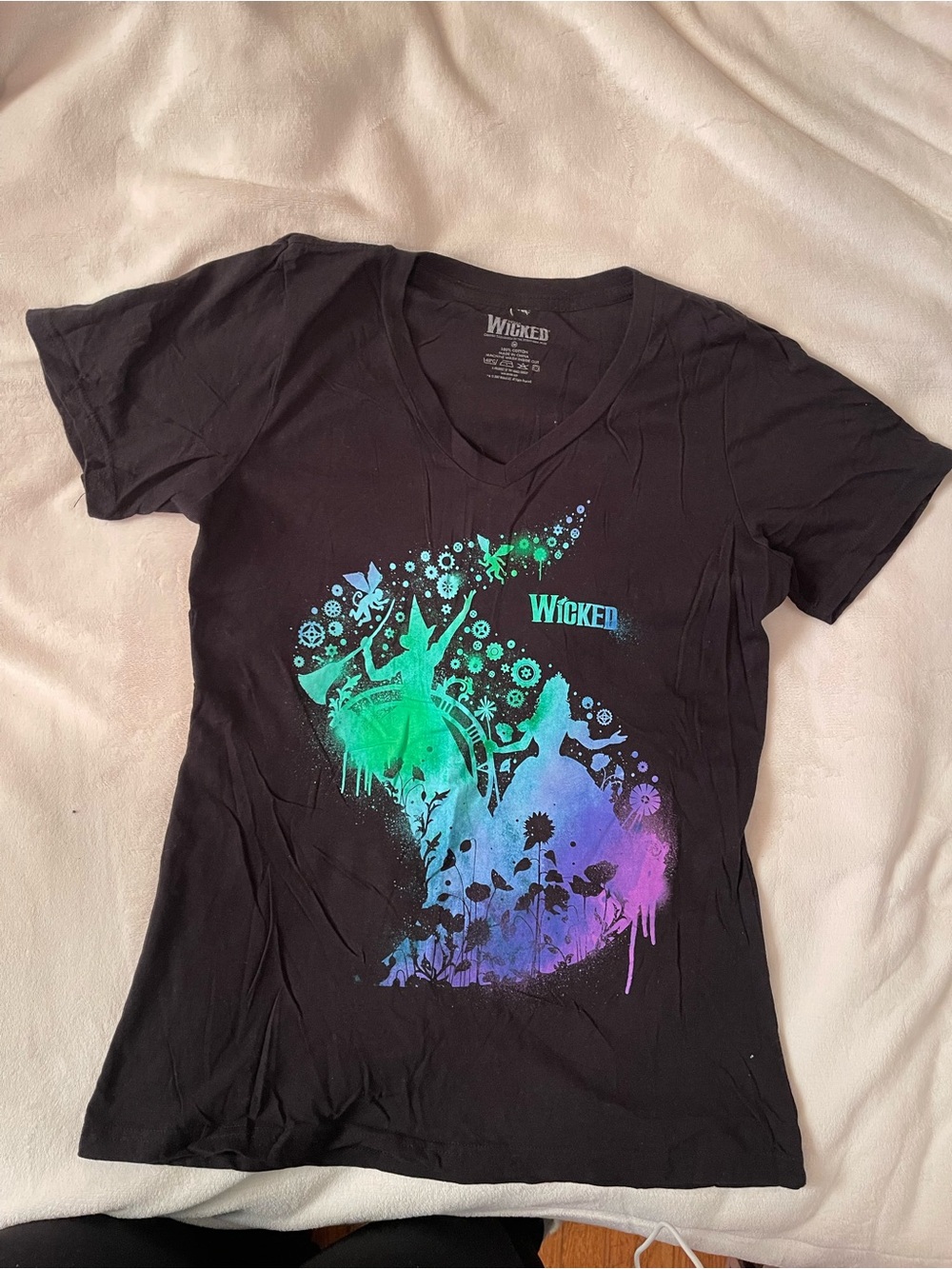 Women's Black V-Neck Graphic Tee in Green & Purple
